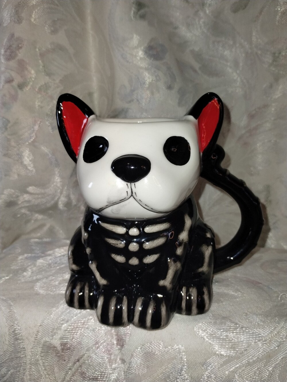 NATURAL LIFE Black and White Dog Skull Ceramic Mug with Red Ear Detail